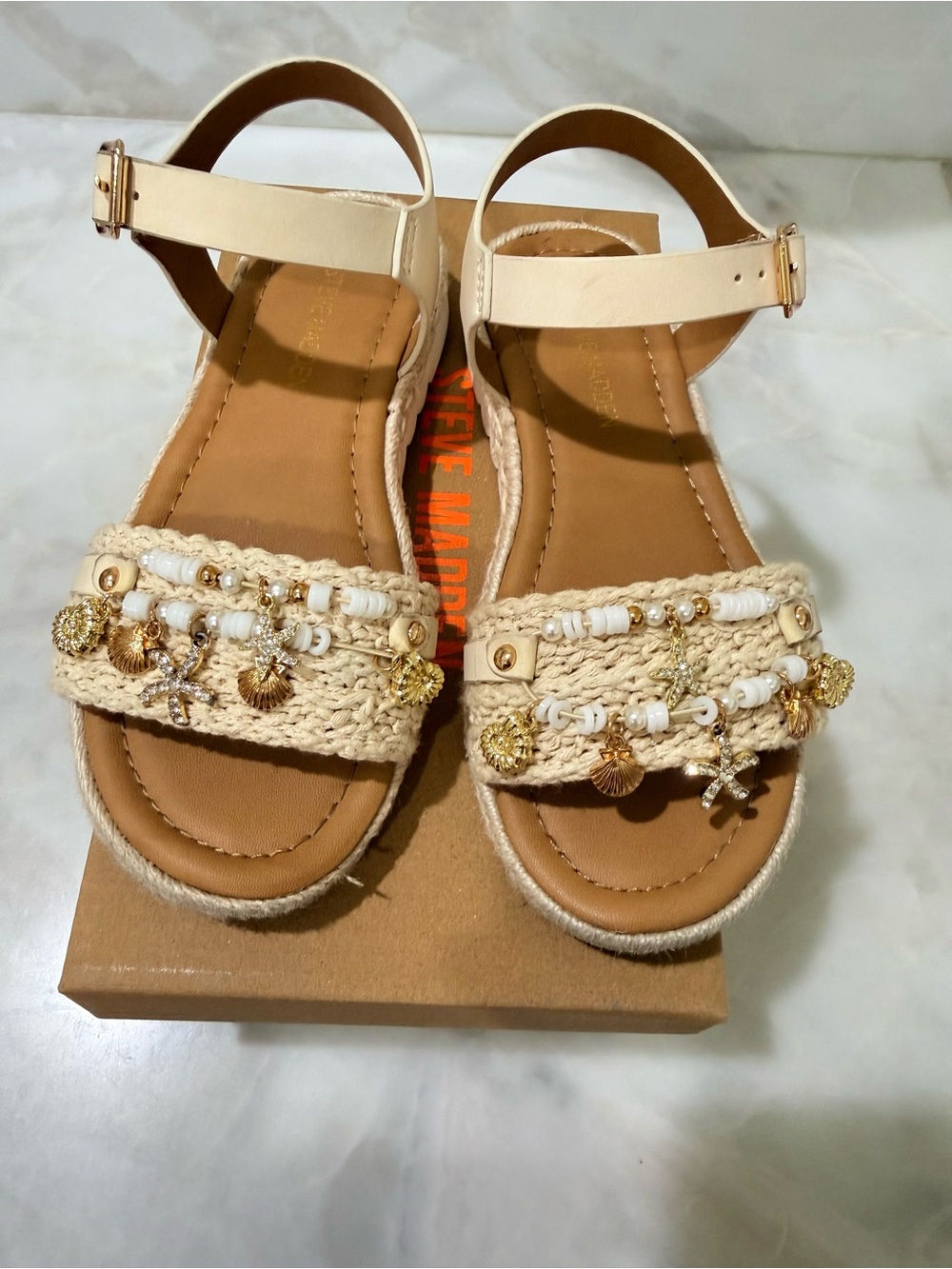 Steve Madden Girl Beaded Raffia Ankle-Strap Sandals in Cream